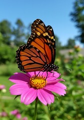 Fototapeta premium Monarch Butterfly on Pink Coneflower in Summer Garden Scene