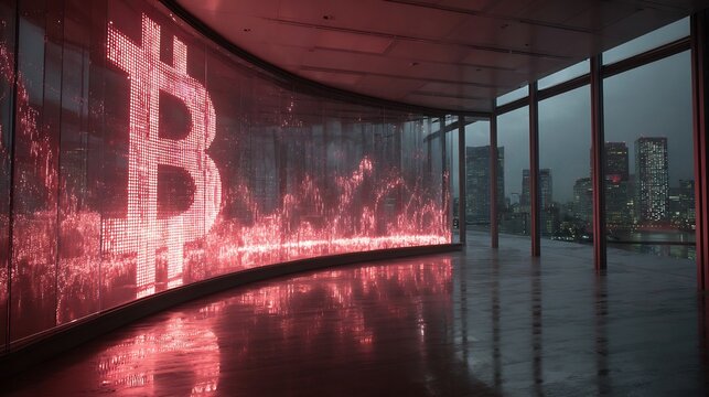 Bitcoin symbol glows on a digital display in a modern, hightech setting with a city view