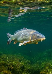 Fototapeta premium Carp Swimming Underwater in Natural Habitat Freshwater Fish