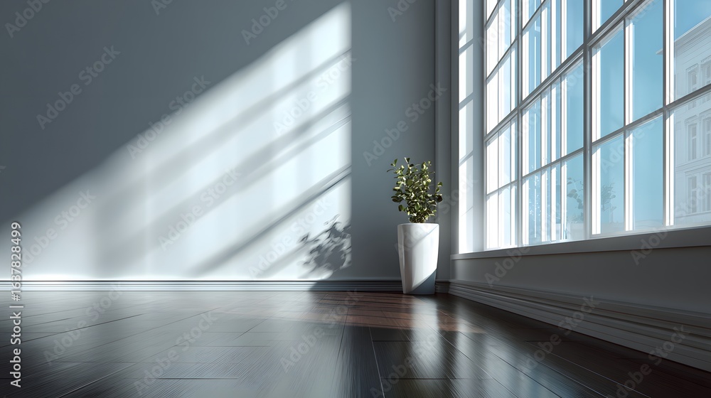 Poster sunlight streams into a modern room with a corner window.
