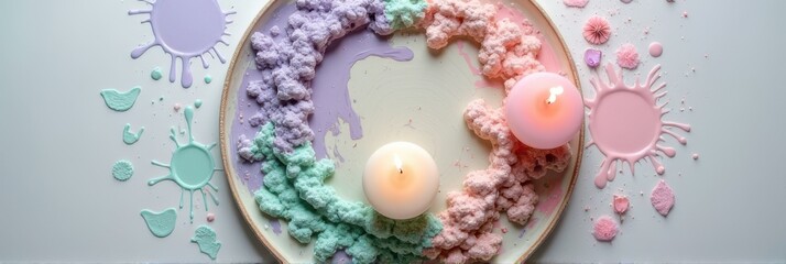 Naklejka premium Pastel candle arrangement with colorful foam and splashes