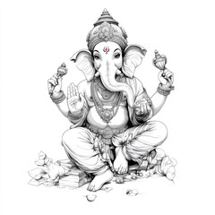 Ganesha Celebrating Prosperity India Illustration Isolated Background Front View Crisp Black Outlines