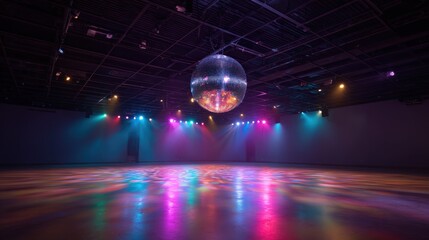Illuminated Disco Ball Reflecting Light on an Empty Dance Floor, Creating a Vibrant Atmosphere