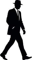 Silhouette of Man in Suit and Hat Walking, Business Attire, Professional Look, Stylish Urban Fashion, Confident Figure, Isolated on White Background