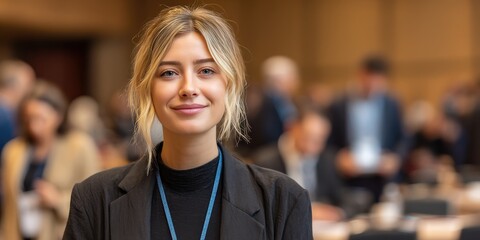 Confident Young Professional Smiling at a Business Conference
