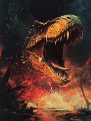 Naklejka premium A vibrant, chaotic illustration of a roaring T-Rex head. The dinosaur is rendered in a splatter-paint style with bold colors, sharp teeth, and a long tongue, set against a stark white background.