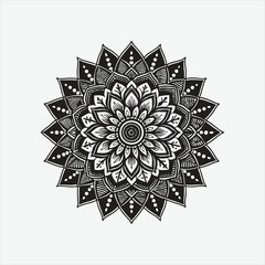 Detailed Black and White Mandala with Floral and Geometric Elements on Light Grey Background