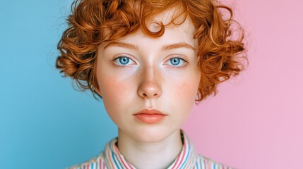 Portrait of a Young Woman with Curly Red Hair Against a Colorful Background