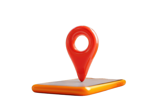 3D orange phone with red location pin