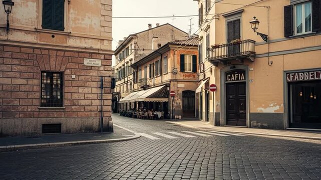 Cafia Fabdela on a quiet cobblestone street corner in an old European town. Vintage city scene with historic architecture and an outdoor cafe.