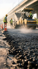 Low-angle view of fresh asphalt with workers and machinery in the background.
