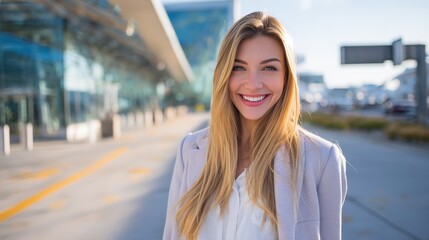 Smiling Young Woman in Business Attire at Modern Airport Terminal