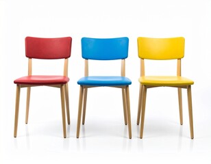 Fototapeta premium Three colorful wooden chairs on a white background