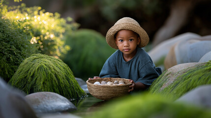 Child exploring a tidepool with shells and rocks along the coast