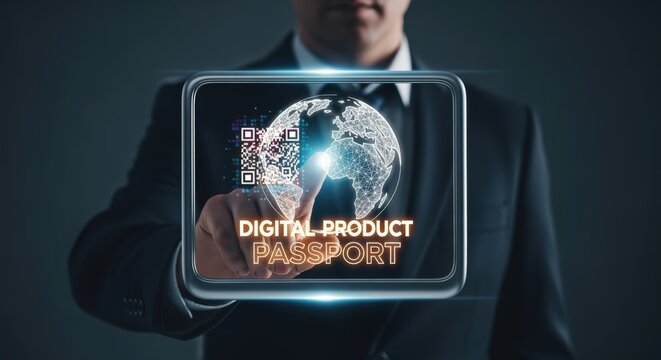 Digital Product Passport Concept: Businessman Interacting with Virtual Interface Displaying Global Data and QR Code