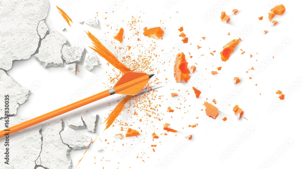 Aufkleber dynamic arrow breaking through wall with orange splashes and texture details for creative design use