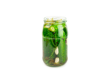 Freshly-salted homemade cucumbers in a jar isolated on white background. canned cucumbers.cucumbers and dill.Recipe of homemade preservations.fermented veggies.