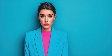 Confident Young Woman in Vibrant Blue Suit Against a Bright Background