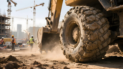 Close-up of a dirt-covered excavator wheel with a busy construction site in the background.
