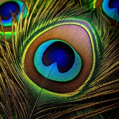 Obraz premium Close-up of iridescent peacock feather, showcasing vibrant greens, blues, and browns