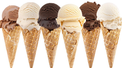 Delicious assortment of ice cream cones featuring chocolate, vanilla, and other flavors arranged in a row on a white background for dessert lovers.