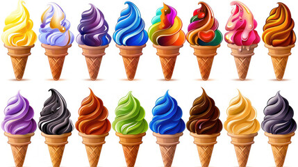 Colorful Collection of Ice Cream Cones with Various Flavors and Toppings in a Bright and Playful Style