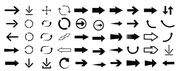 Various arrow symbols displayed on a white background. The collection includes straight, curved, and circular arrows pointing in multiple directions