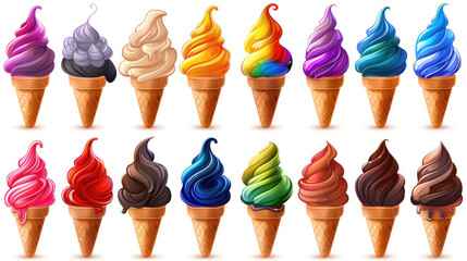 Colorful Ice Cream Cones Displaying Various Flavors and Textures in a Fun and Vibrant Arrangement for Sweet Treats and Summer Desserts