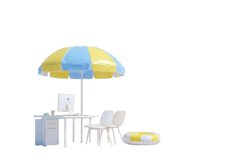 Tiny desk, computer, chairs, umbrella, and inflatable ring, set outdoors