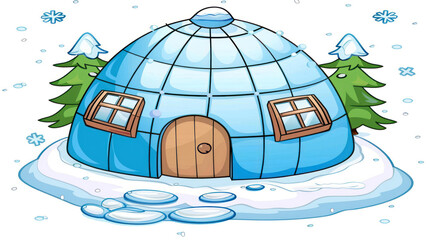 Cartoon Igloo Surrounded by Snowy Landscape and Pine Trees with Delicate Snowflakes Falling in Winter Wonderland