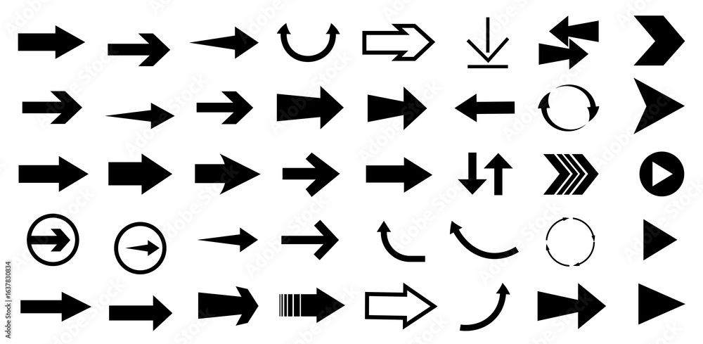 Poster various arrow symbols displayed on a white background. the collection includes straight, curved, and
