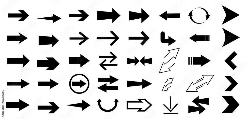 Poster various arrow symbols displayed on a white background. the collection includes straight, curved, and