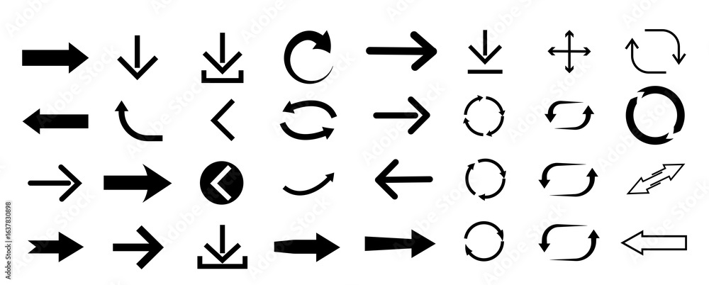Poster various arrow symbols displayed on a white background. the collection includes straight, curved, and