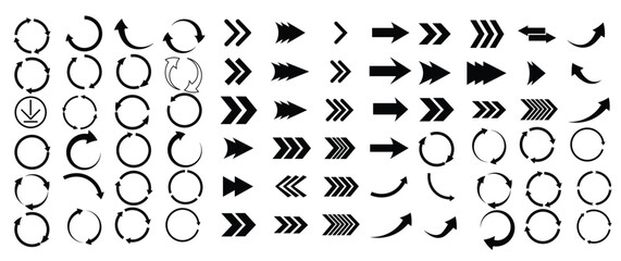 Collection of various arrow icons, featuring different styles and directions, such as straight, curved, circular, and chevron.