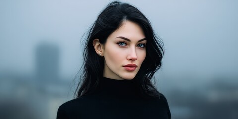 Mysterious Portrait of a Young Woman in a Foggy Urban Landscape