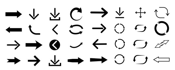 Various arrow symbols displayed on a white background. The collection includes straight, curved, and circular arrows pointing in multiple directions