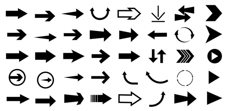 Various arrow symbols displayed on a white background. The collection includes straight, curved, and circular arrows pointing in multiple directions