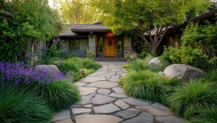 Fototapeta premium Stone pathway leads to a home nestled in landscaped gardens