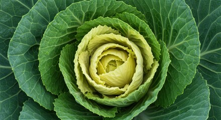 Detailed Close Up of a Green and Yellow Cabbage Head with Intricate Leaf Texture and Organic Patterns