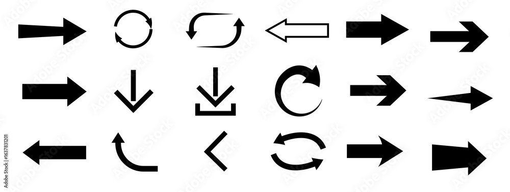 Poster various arrow symbols displayed on a white background. the collection includes straight, curved, and