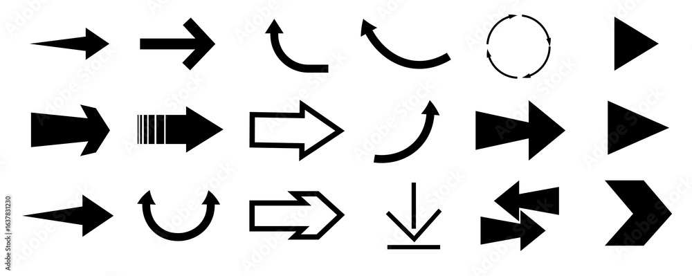 Poster various arrow symbols displayed on a white background. the collection includes straight, curved, and