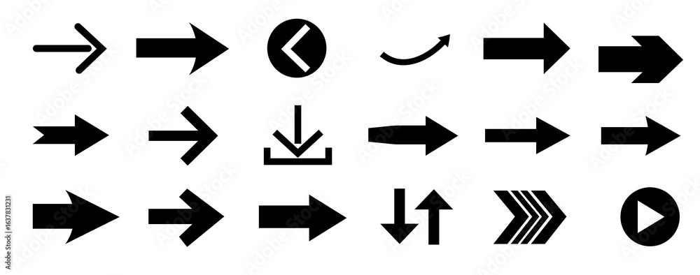 Poster various arrow symbols displayed on a white background. the collection includes straight, curved, and