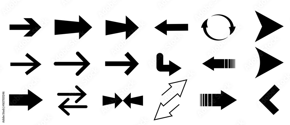 Poster various arrow symbols displayed on a white background. the collection includes straight, curved, and