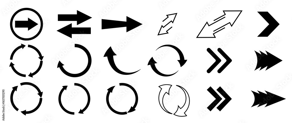 Poster various arrow symbols displayed on a white background. the collection includes straight, curved, and