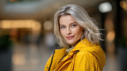Stylish Young Woman in Yellow Jacket Smiling at the Camera in a Modern Shopping Mall