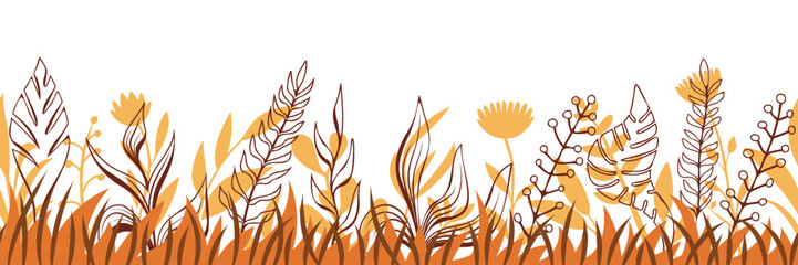 Dry autumn grass, seamless border, wild grass, panoramic view, vector illustration
