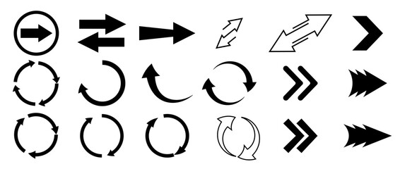 Various arrow symbols displayed on a white background. The collection includes straight, curved, and circular arrows pointing in multiple directions