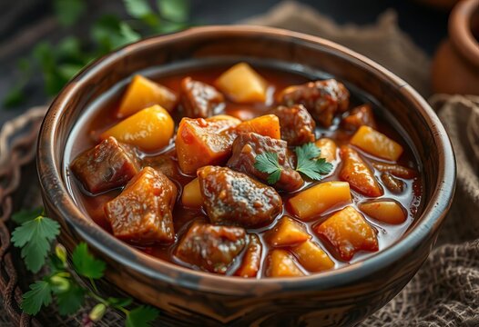 Close-up of a rustic bowl filled with ostri, a traditional Georgian stew,  beans,  stew