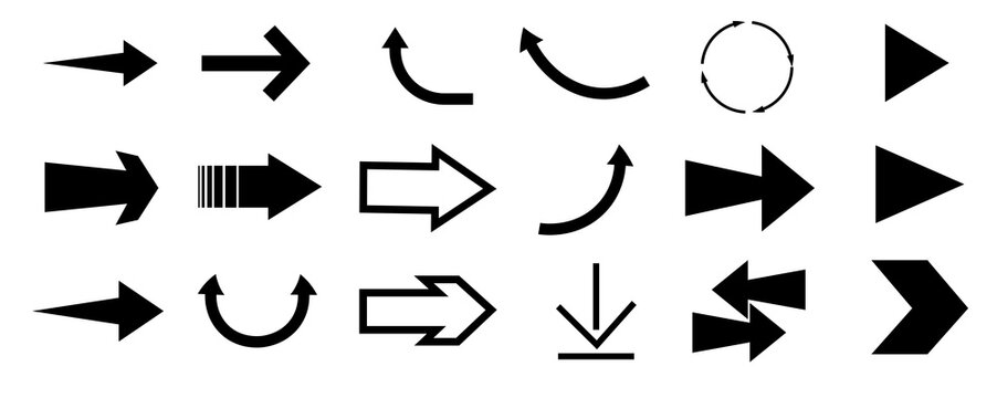 Various arrow symbols displayed on a white background. The collection includes straight, curved, and circular arrows pointing in multiple directions