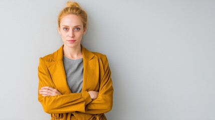 Confident Young Woman in Stylish Yellow Jacket Against a Neutral Background